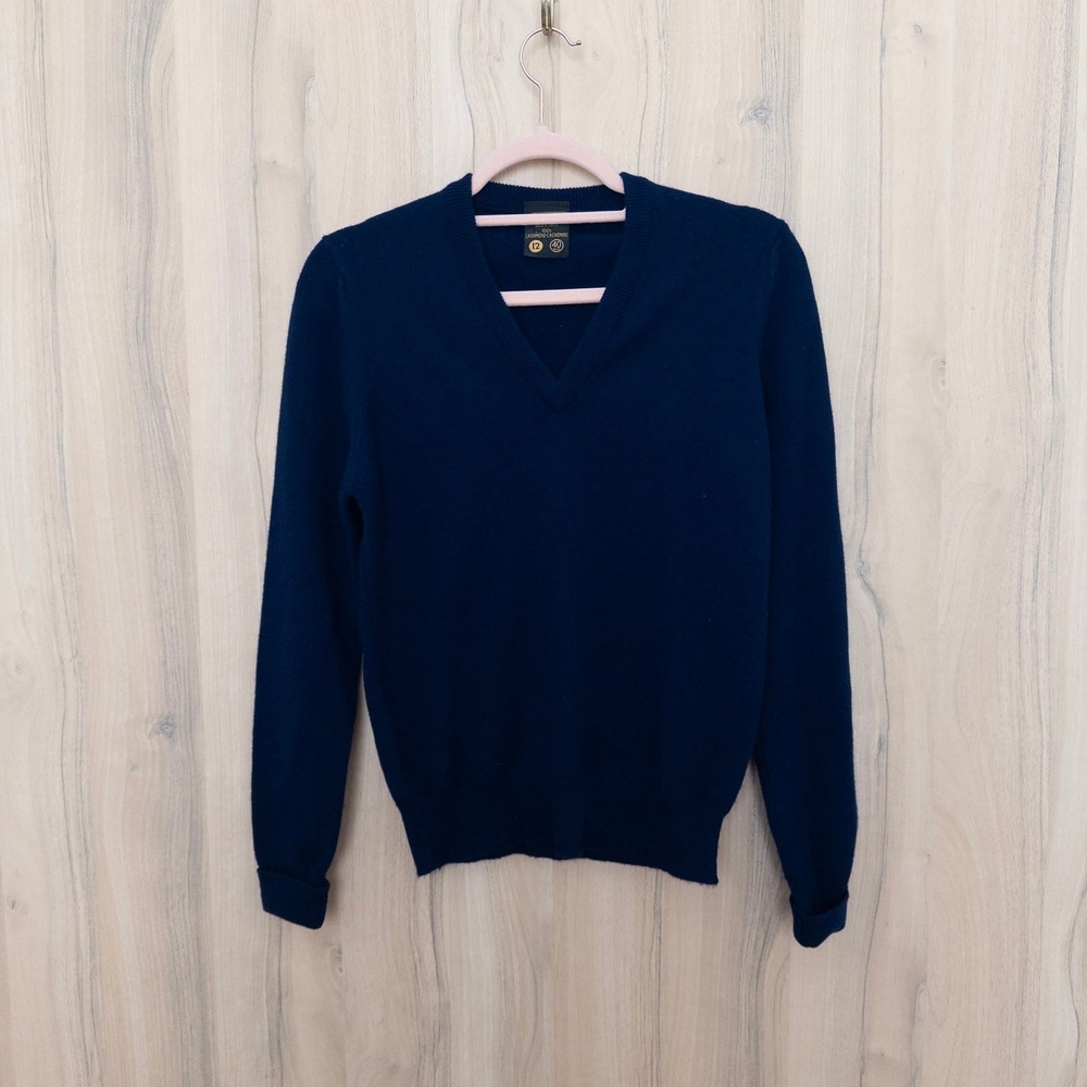 Vintage Womens Cashmere Sweater UK 12 Navy V-Neck Pullover Quiet Luxury Preppy